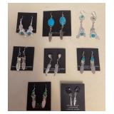 NSJ393 Eight Pairs Of Navajo Sterling Turquoise, Lapis Lazuli, Opal & Purple Spiny Oyster Earrings N