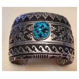 NSJ395 Large Navajo Sterling Silver Turquoise Cuff Bracelet With Horse Design New