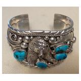 NSJ396 Large Navajo Sterling Silver & Turquoise Bear Cuff Bracelet New