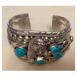 NSJ397 Large Navajo Sterling Silver & Turquoise Bear Cuff Bracelet New