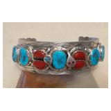 NSJ398 Navajo Sterling Silver Turquoise & Coral Snake Cuff Bracelet New