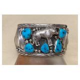 NSJ409 Large Navajo Sterling Silver & Turquoise Wolf Cuff Bracelet New