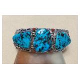 NSJ411 Navajo Sterling Silver Turquoise & Coral Floral Cuff Bracelet New