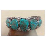 NSJ412 Large Navajo Sterling Silver Turquoise & Coral Floral Cuff Bracelet New