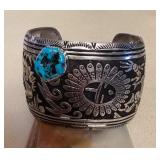 NSJ417 Large Navajo Sterling Silver & Turquoise Eagle & Kachina Cuff Bracelet New