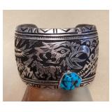 NSJ418 Large Navajo Sterling Silver & Turquoise Eagle Cuff Bracelet New