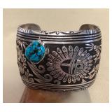 NSJ419 Large Navajo Sterling Silver & Turquoise Eagle & Kachina Cuff Bracelet New