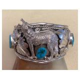 NSJ420 Large Navajo Sterling Silver & Turquoise Wolf Cuff Bracelet New