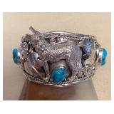 NSJ421 Large Navajo Sterling Silver & Turquoise Wolf Cuff Bracelet New
