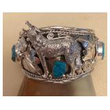NSJ422 Large Navajo Sterling Silver & Turquoise Wolf Cuff Bracelet New