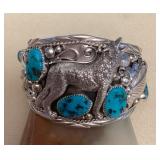 NSJ424 Large Navajo Sterling Silver & Turquoise Wolf Cuff Bracelet New