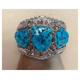 NSJ425 Large Navajo Sterling Silver Turquoise & Coral Floral Cuff Bracelet New