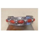 NSJ428 Navajo Sterling Silver & Coral Snake Cuff Bracelet New