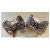 NSJ431 Two Large Navajo Sterling Silver Horse & Wolf Cuff Bracelets New