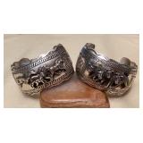 NSJ432 Two Large Navajo Sterling Silver Wolf & Horse Cuff Bracelets New