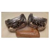 NSJ433 Two Large Navajo Sterling Silver Horse & Wolf Cuff Bracelets New