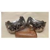 NSJ434 Two Large Navajo Sterling Silver Wolf & Horse Cuff Bracelets New