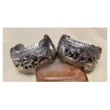 NSJ440 Two Large Navajo Sterling Silver Horse & Wolf Cuff Bracelets New