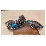 NSJ443 Two Navajo Sterling Silver Turquoise Horse & Wolf Cuff Bracelets New