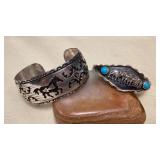 NSJ444 Two Navajo Sterling Silver & Turquoise Horse & Wolf Cuff Bracelets New