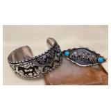 NSJ445 Two Navajo Sterling Silver & Turquoise Horse & Wolf Cuff Bracelets New