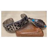 NSJ446 Two Navajo Sterling Silver & Turquoise Horse & Wolf Cuff Bracelets New