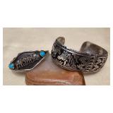 NSJ447 Two Navajo Sterling Silver & Turquoise Horse & Wolf Cuff Bracelets New
