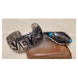 NSJ448 Two Navajo Sterling Silver Turquoise Wolf & Horse Cuff Bracelets New