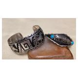 NSJ449 Two Navajo Sterling Silver Turquoise Wolf & Horse Cuff Bracelets New