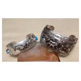 NSJ454 Two Navajo Sterling Silver & Turquoise Horse Cuff Bracelets New