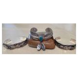 NSJ462 Three Navajo Sterling Silver & Turquoise Feather & Floral Cuff Bracelets New