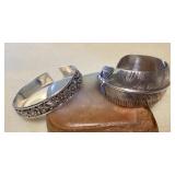 NSJ465 Two Navajo Sterling Silver Feather & Floral Cuff Bracelets New