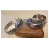 NSJ466 Two Navajo Sterling Silver Feather & Floral Cuff Bracelets New