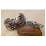NSJ474 Two Navajo Sterling Silver & Turquoise Running Horses Cuff Bracelets New