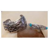 NSJ475 Two Navajo Sterling Silver & Turquoise Running Horses Cuff Bracelets New