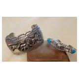 NSJ477 Two Navajo Sterling Silver & Turquoise Running Horses Cuff Bracelets New