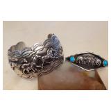 NSJ478 Two Navajo Sterling Silver & Turquoise Horse & Wolf Cuff Bracelets New