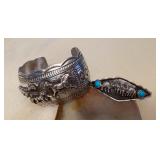 NSJ479 Two Navajo Sterling Silver & Turquoise Wolf Pack & Running Horse Cuff Bracelets New