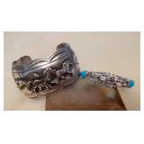 NSJ480 Two Navajo Sterling Silver & Turquoise Running Horse Cuff Bracelets New