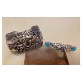 NSJ481 Two Navajo Sterling Silver & Turquoise Running Horse Cuff Bracelets New
