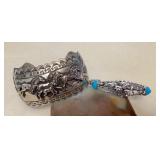 NSJ482 Two Navajo Sterling Silver & Turquoise Running Horses Cuff Bracelets New