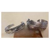 NSJ485 Two Navajo Sterling Silver Feather & Floral Cuff Bracelets New