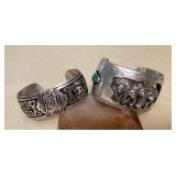 NSJ491 Two Navajo Sterling Silver & Turquoise Wolf Cuff Bracelets New