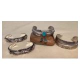 NSJ493 Four Navajo Sterling Silver & Turquoise Feather & Floral Cuff Bracelets New