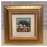 MMS050 Framed Original Painting Of Children Walking In The Rain Signed