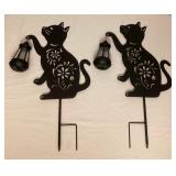 MMS061 Two Black Metal Cat Silhouettes Holding Solar Lanterns New