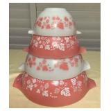 MMS165 Set Of Four Vintage Pyrex Pink & White Gooseberry Cinderella Nesting Mixing Bowls