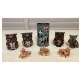 MMS192 Cloisonné Owls, Cloisonné Panda Pencil Holder & Carved Bone Looking Dragons