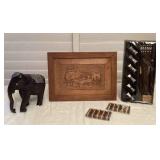 MMS198 Carved Wooden Picture Of Water Buffalo, Carved Wooden Elephant, Rose Wood Chopsticks & More!