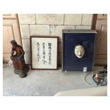 AWT259 Japanes Noh Mask Framed, Japanese Bible Scripture, And Maitreya Wooden Scupture 